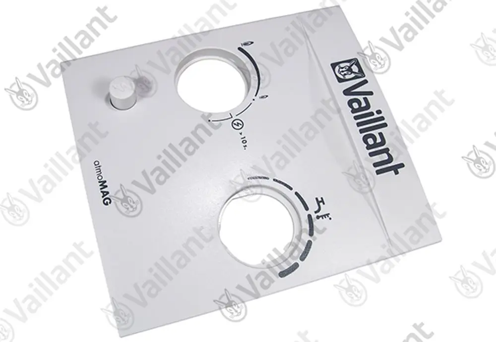 Frontblende in Weiß von Vaillant mit zwei runden Ausschnitten und einem Einstellknopf. Grafische Darstellung zur Einstellung ist vorhanden.